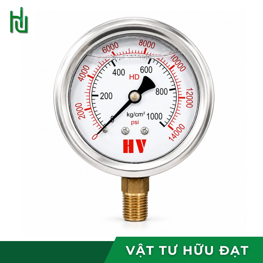 Đồng hồ đo áp suất dầu HV mặt 63 chân đứng vỏ inox 304, ren 13m