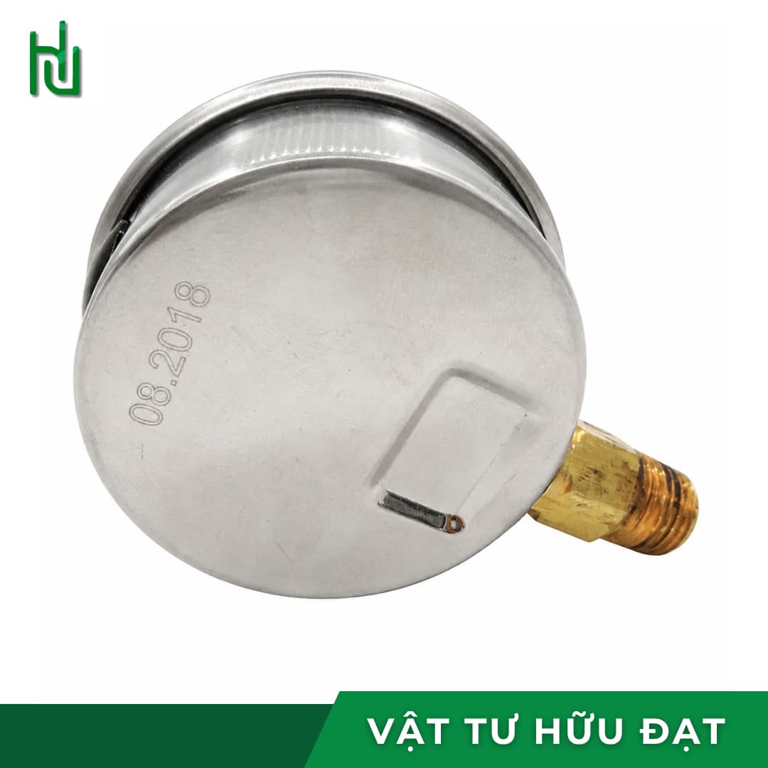 Đồng hồ đo áp suất dầu HV mặt 63 nhìn nghiêng, nút silicon thay dầu phía sau