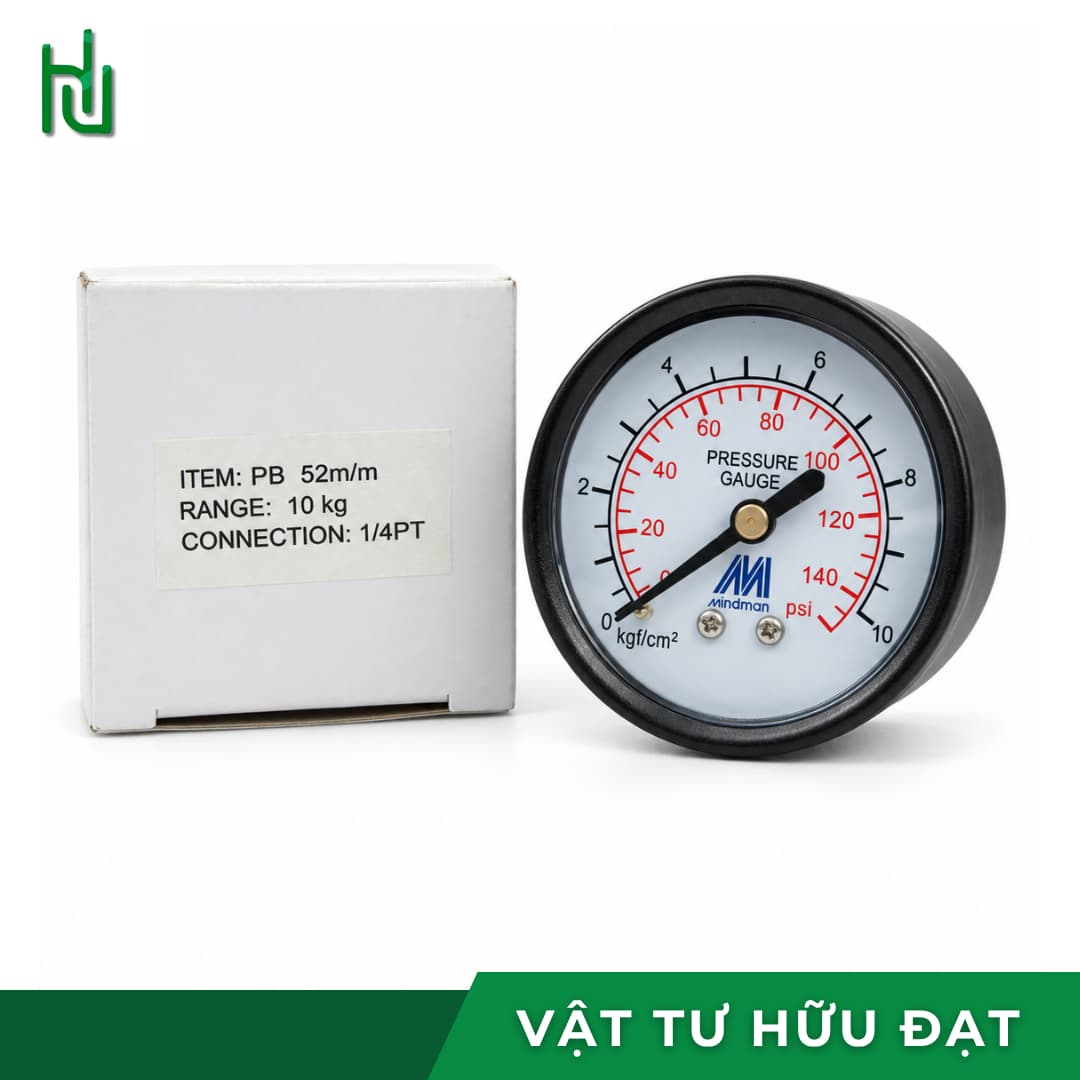 Đồng hồ đo áp suất hơi mặt 52 chân sau KK Gauges ren 13mm, thang 10 kg/cm²