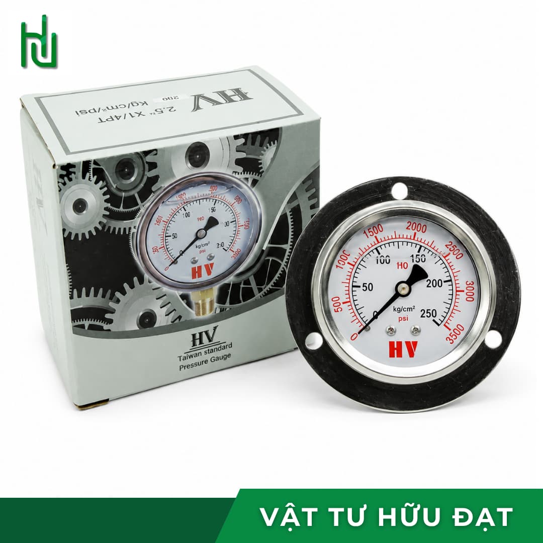 Đồng hồ áp suất dầu HV mặt 63 chân sau nhìn nghiêng, nút silicon thay dầu