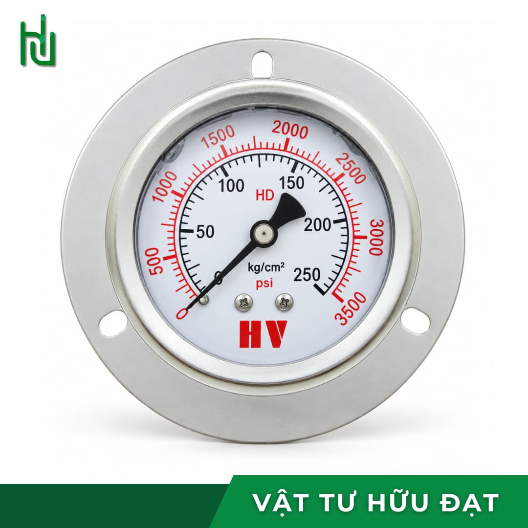 Đồng hồ áp suất dầu HV mặt 100 chân sau có vành, vỏ inox 304