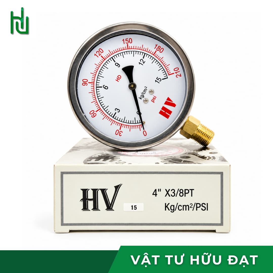 Đồng hồ đo áp suất dầu HV mặt 100 chân đứng vỏ inox 304, ren 17mm
