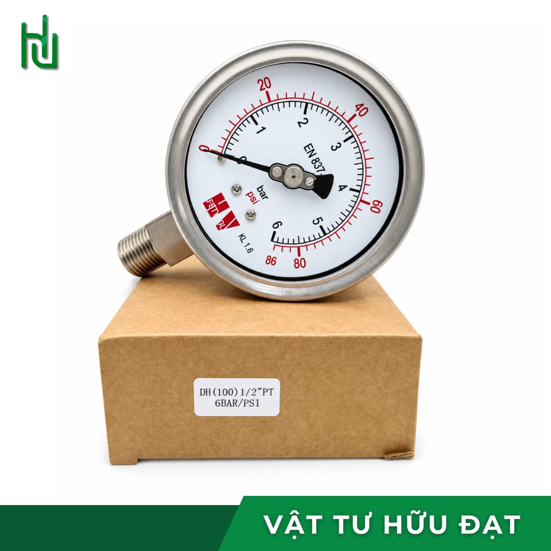 Đồng hồ đo áp suất HV mặt 100 chân inox 304 cho hoá chất và xăng dầu