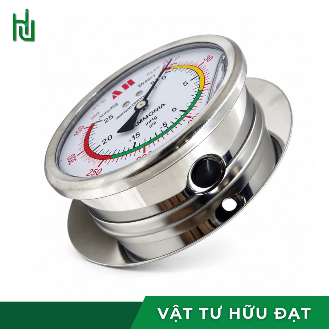 Đồng hồ đo áp suất HV NH3 nhìn nghiêng, vành bắt vít và nút thay dầu